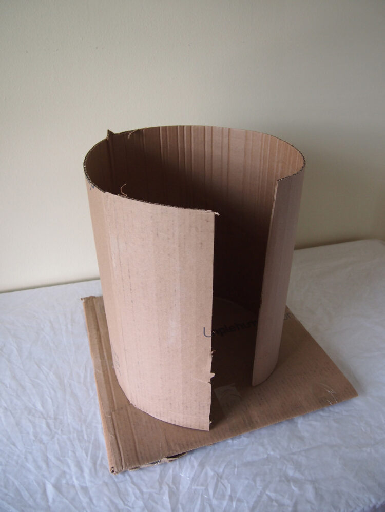 1     Cut a piece of cardboard 18.5in x 44in (47cm x 112cm) so that the corrugated lines run along the 18.5in (47cm) side. Roll up the cardboard to create a cylindrical form.